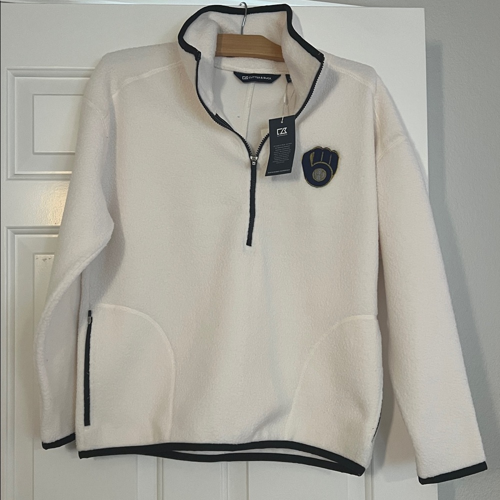 Cutter & Buck Milwaukee Brewers Cream Fleece Pullover with Logo size L